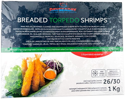 BREADED TORPEDO SHRIMPS 26/30 1KG PER PAK