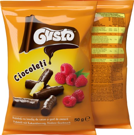 GUSTO PUFFS COCOA & RASPBERRY COATING 50G PER PAK
