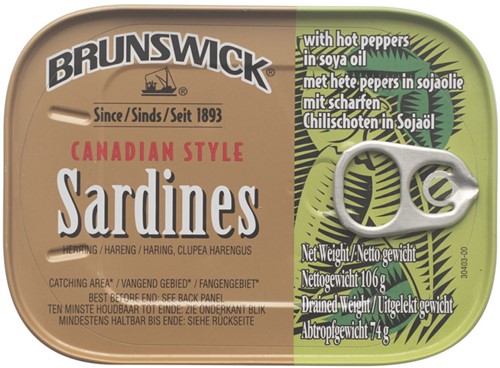 OLIE SARDIEN BRUNSWICK HOT PEPPERS 106G PER BLIK