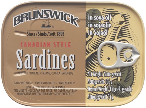 OLIE SARDIEN BRUNSWICK IN SOYA OIL 106G PER BLIK